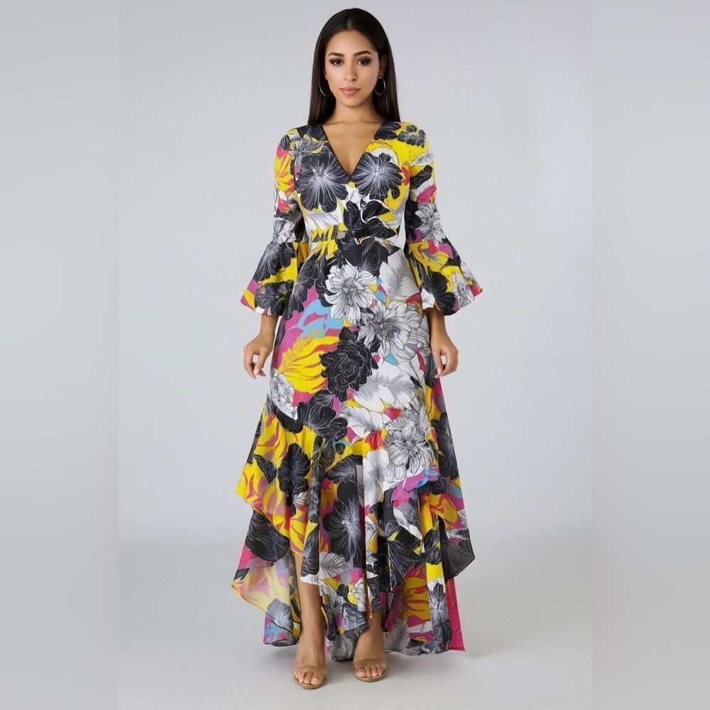 CqbyCq Maxi Dress Women Large Tiered Flare Sleeve Asymmetric Hem Floral Artsy